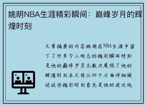 姚明NBA生涯精彩瞬间：巅峰岁月的辉煌时刻