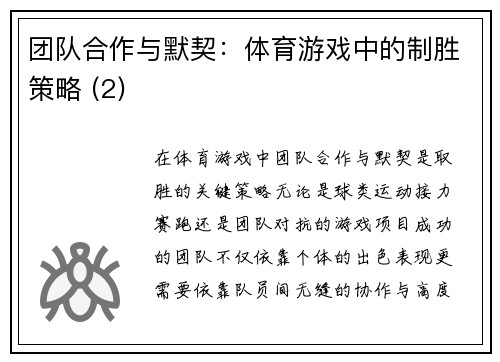 团队合作与默契：体育游戏中的制胜策略 (2)